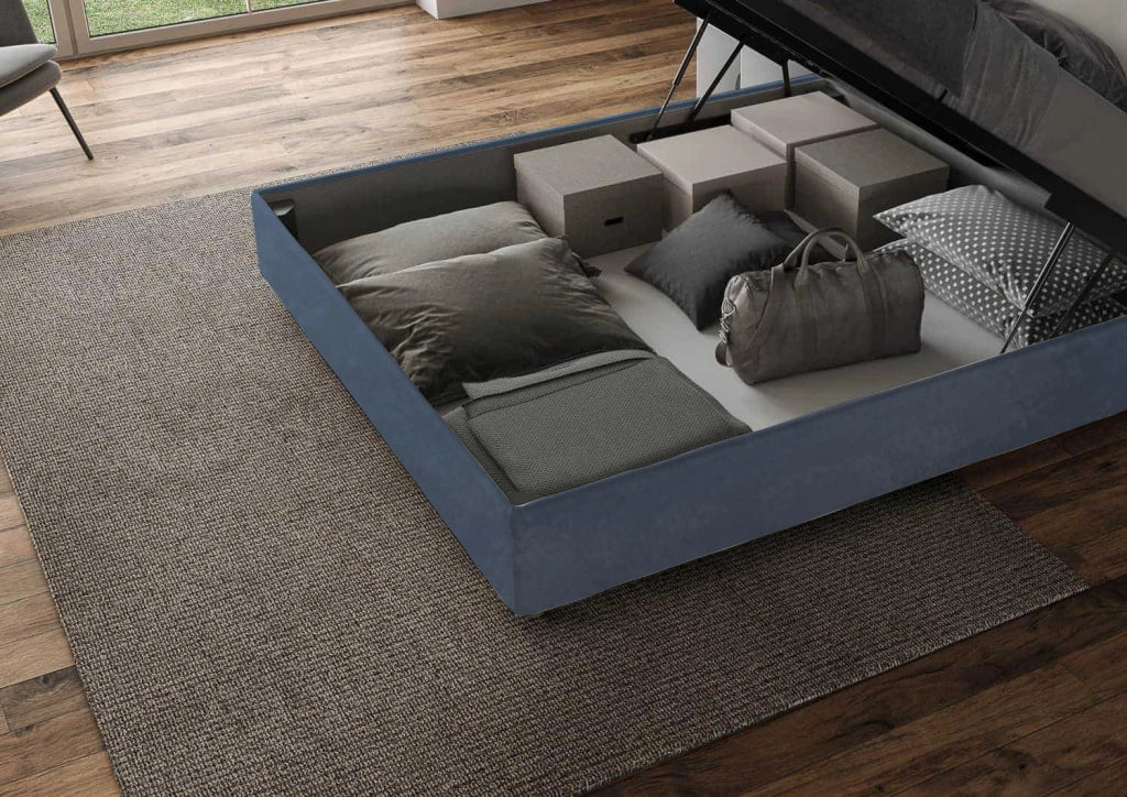 BS COM Letto matrimoniale contenitore imbottito 160x210 microfibra blu