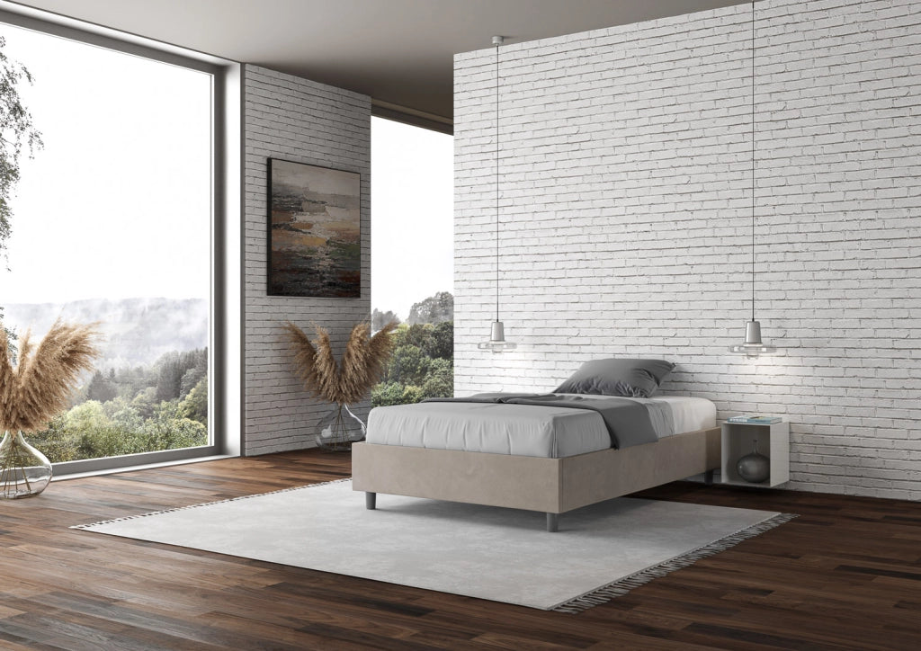 BS COM Letto singolo con rete imbottito 100x210 microfibra sabbia