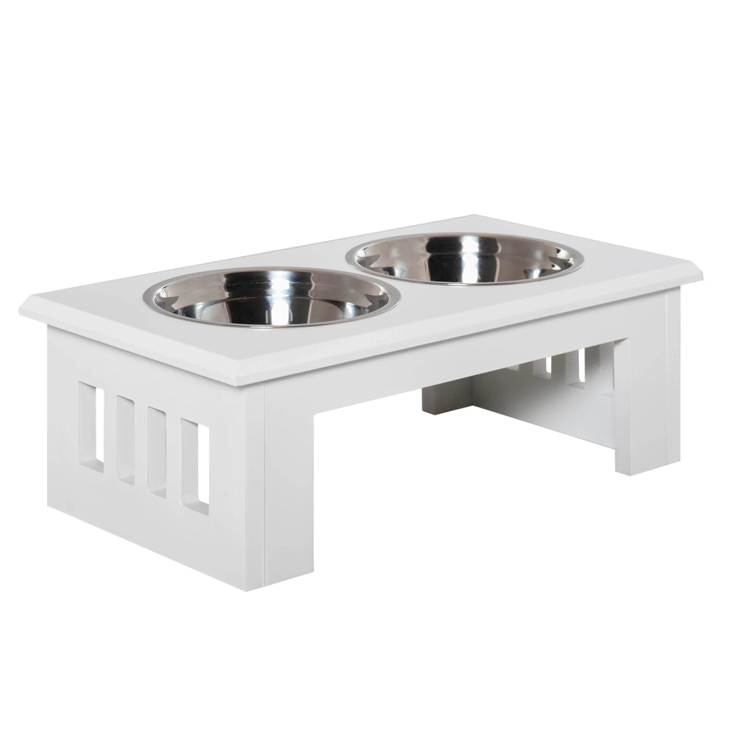 Desviae Ciotole rialzate per cani con 2 ciotole in acciaio inox struttura in MDF bianca 58,4 × 30,5 × 25,4 cm