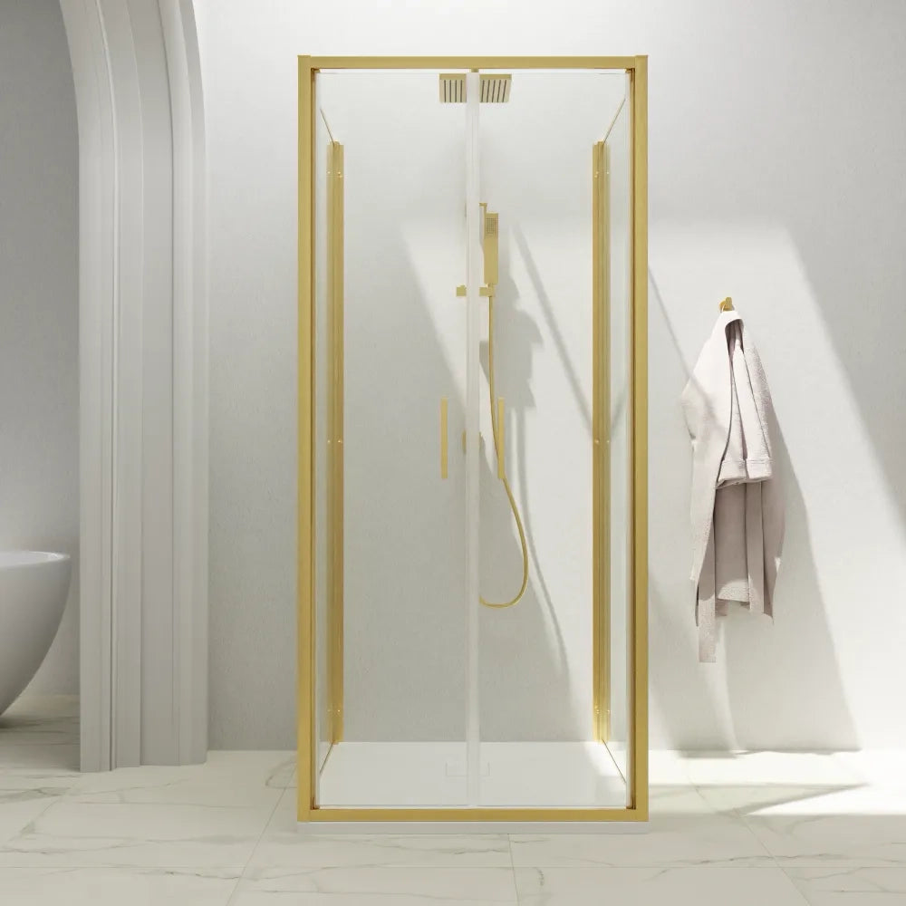 Box doccia 3 lati 90x75x90cm con porta saloon profili oro spazzolato vetro 6mm trasparente anticalcare h190| Portofino