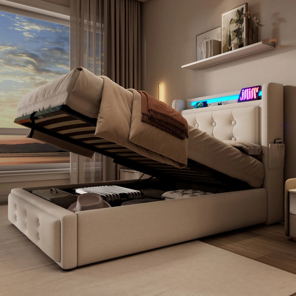 Letto singolo contenitore 90 × 200 cm con LED; USB e Type-C; cotone-lino beige