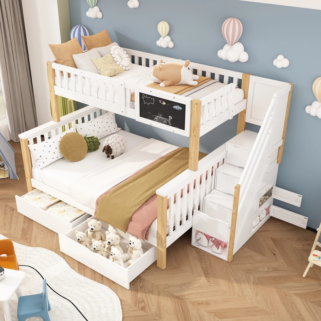 Letto a castello 3 posti 90×200 cm e 140×200 cm con lavagna, cassetti, scale contenitore, senza materasso