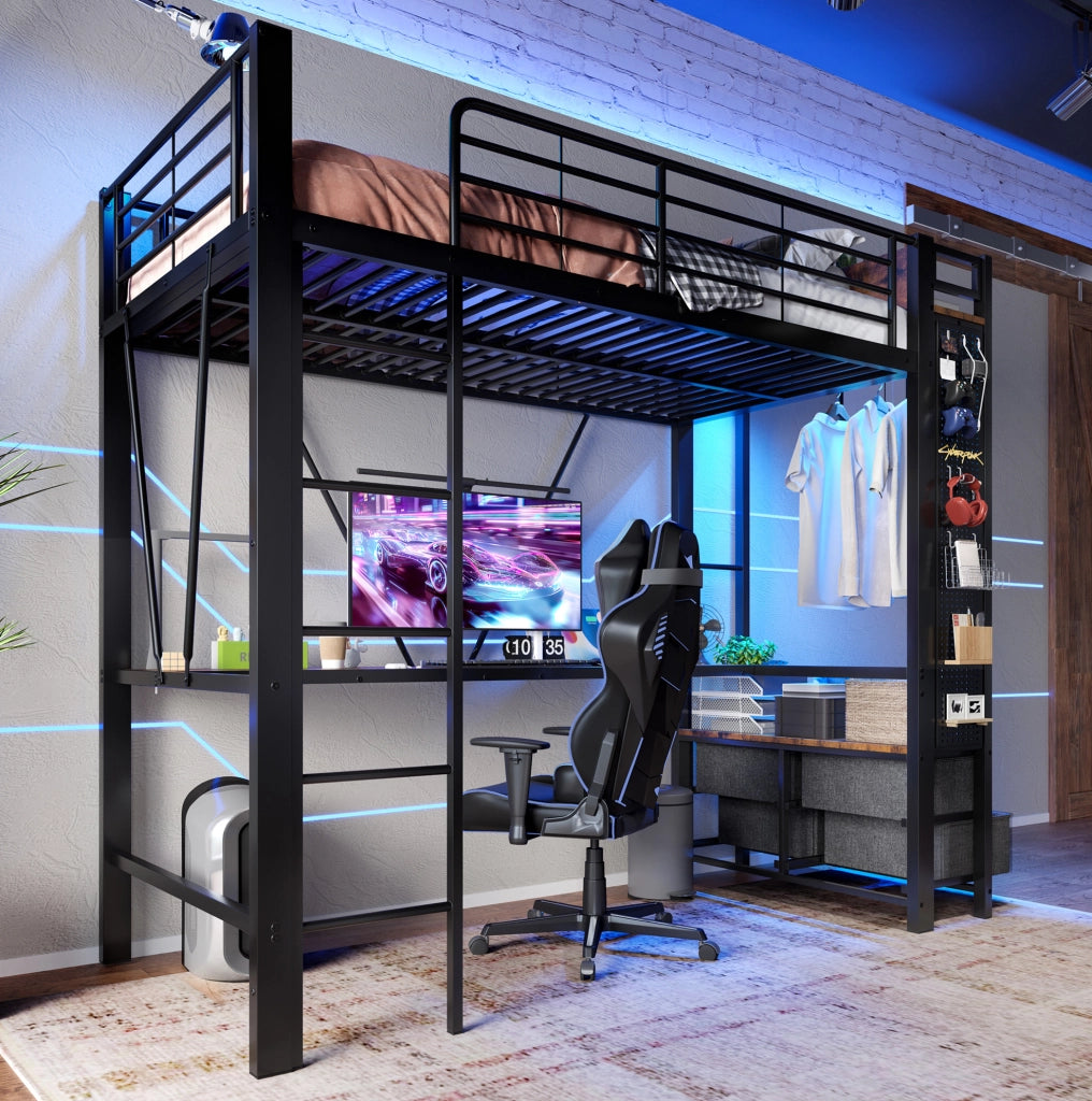 LETTO SOPPALCATO 90x200 cm Nero con scrivania, LED e USB TYPE-C