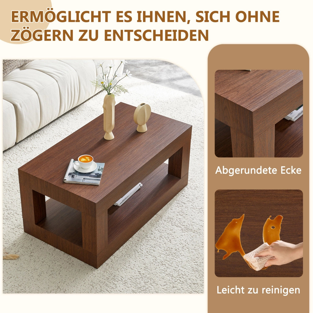 Tavolino da salotto fisso rettangolare a 2 livelli con ripiano aperto; in MDF; per soggiorno; 104×65.5×28 cm; noce