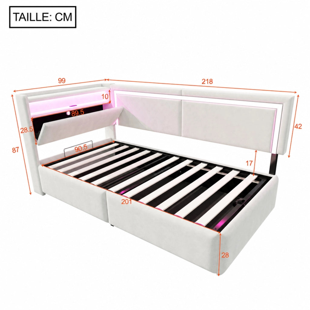 Letto singolo trasformabile 90 × 200 cm con contenitore LED USB in velluto beige