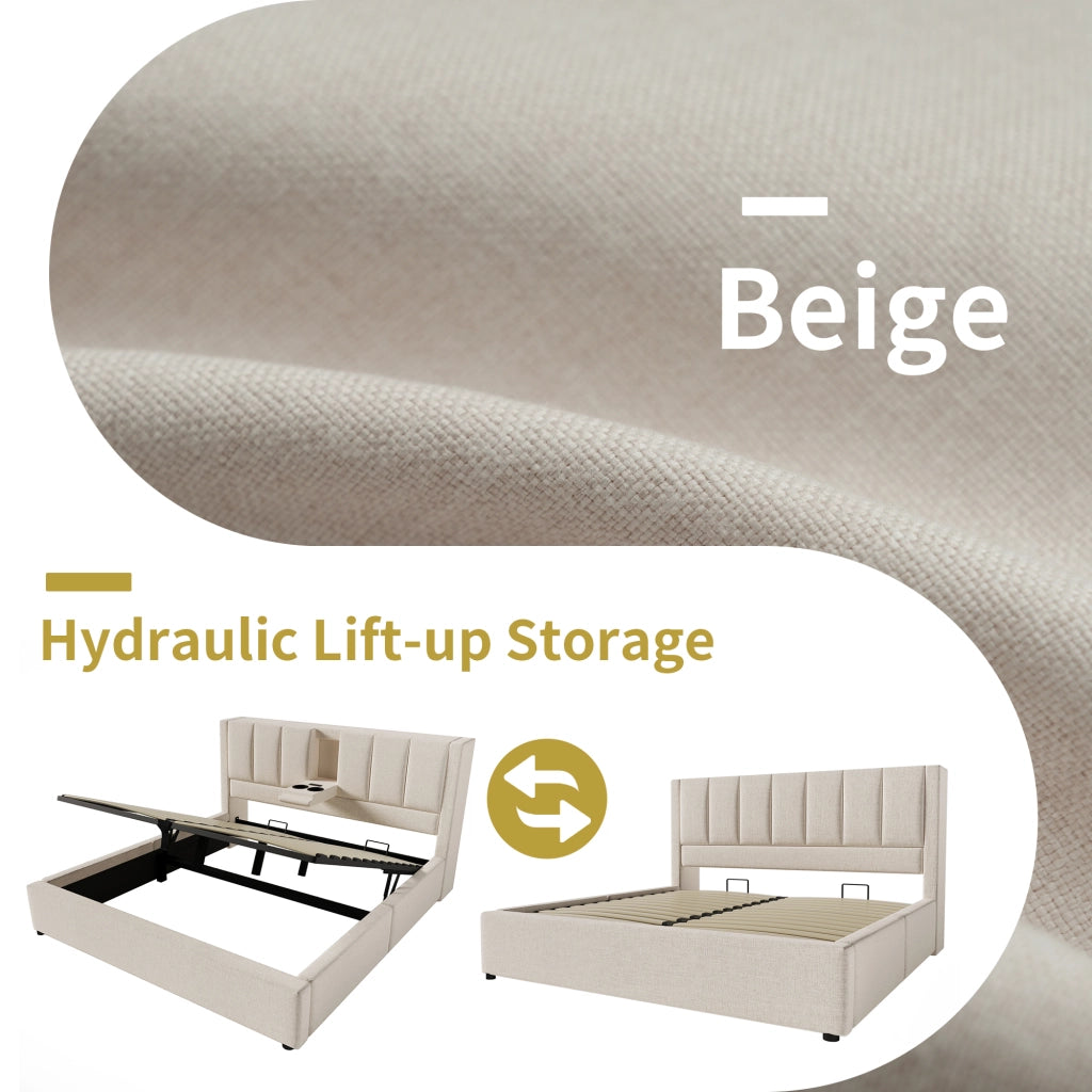 Letto contenitore imbottito in lino 140 x 200 cm, con contenitore idraulico, portabicchiere nascosto, stazione di ricarica e rete a doghe, beige