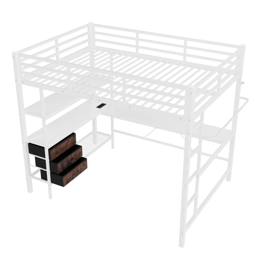 Letto a soppalco 140x200 cm in metallo e MDF bianco con scrivania; LED; prese USB e 3 cassetti