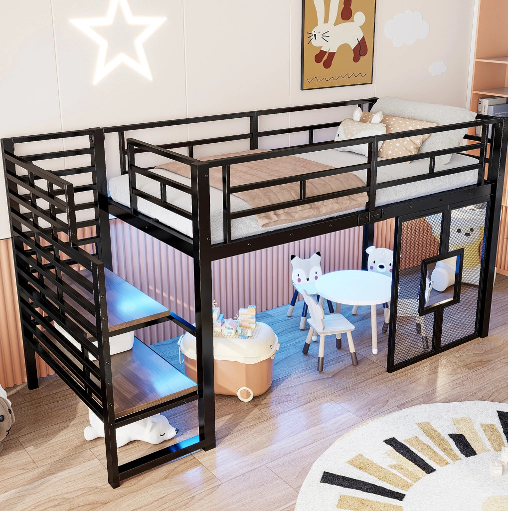 LETTO a soppalco in metallo 90x200 cm Nero con scala e luci LED