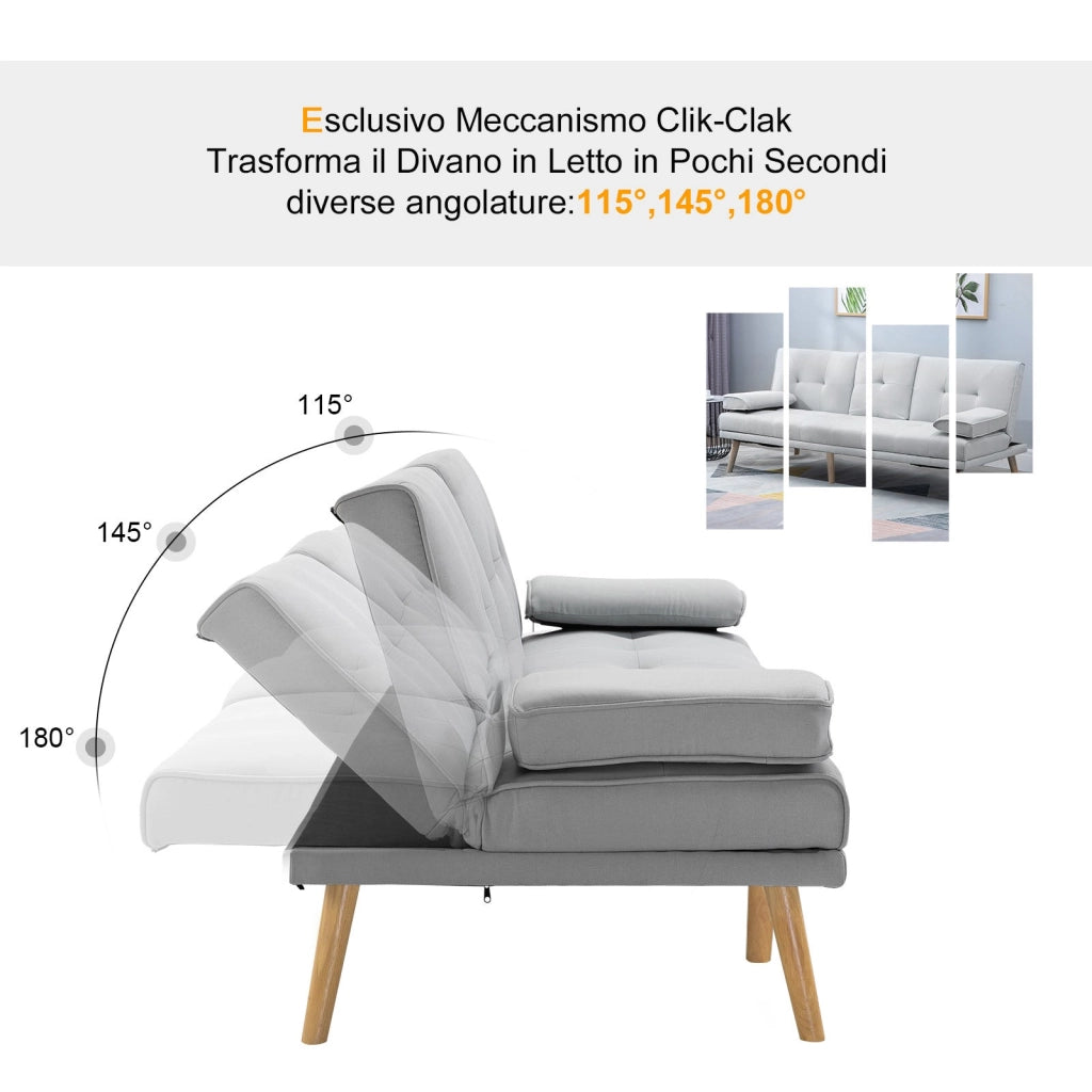 Divano Letto 3 Posti 181x77x72 cm in Tessuto  Grigio