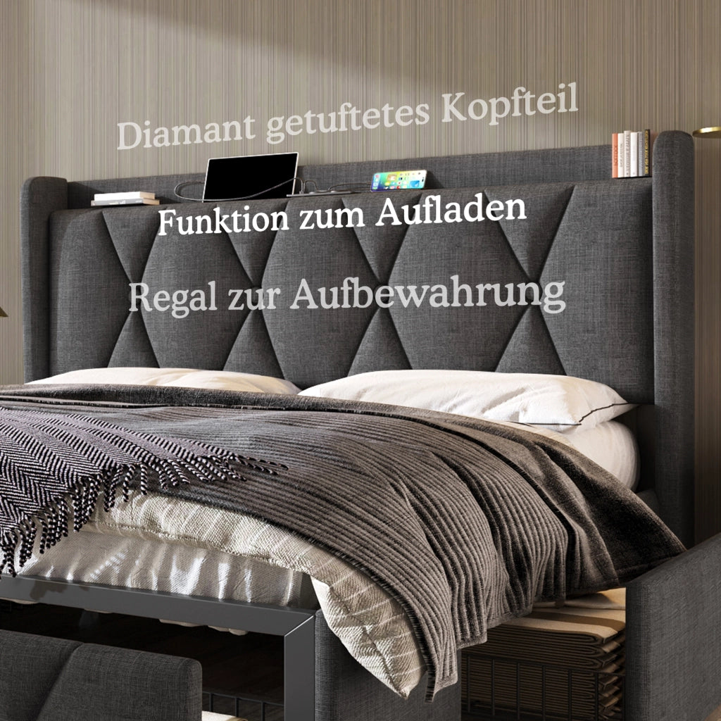 Letto imbottito USB 4 cassetti 160x200 doghe grigio