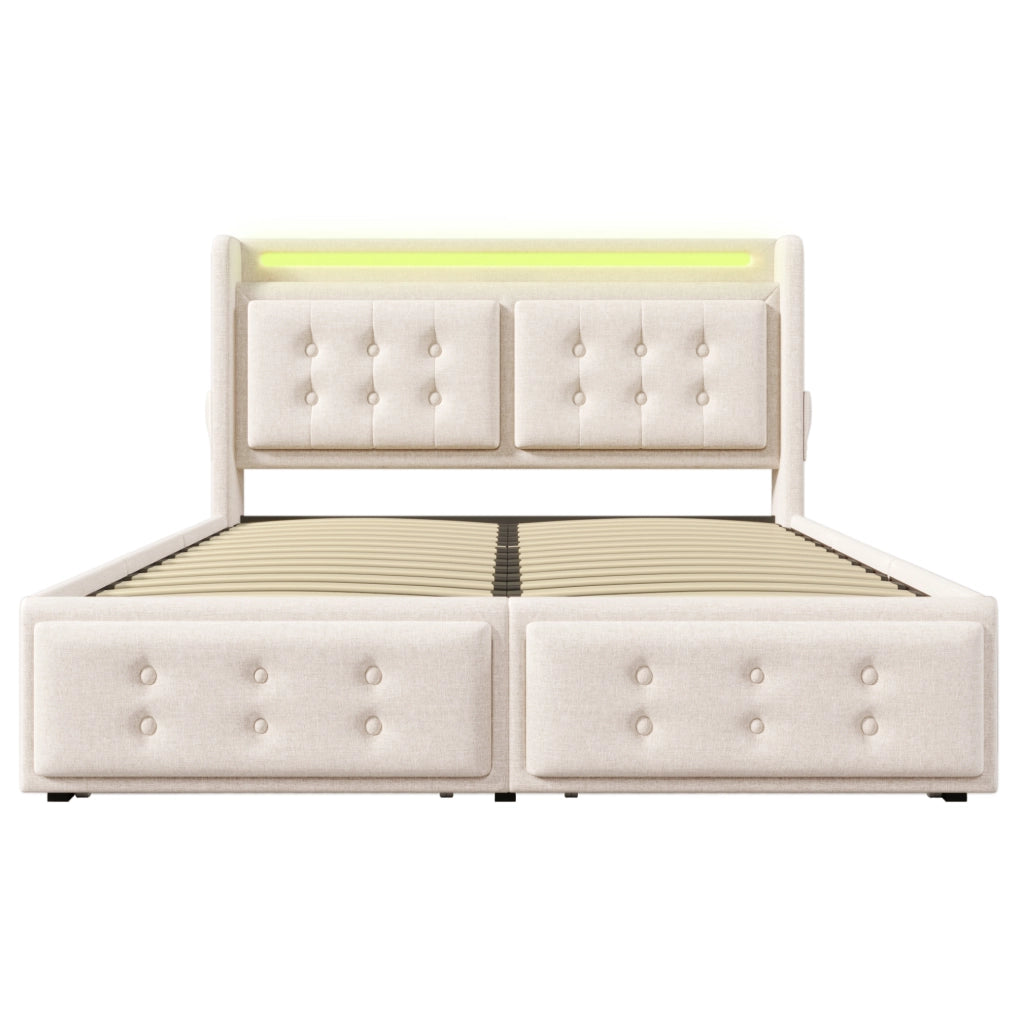 Letto 140x200 cm con LED, USB e USB-C, 4 cassetti e rete a doghe in beige