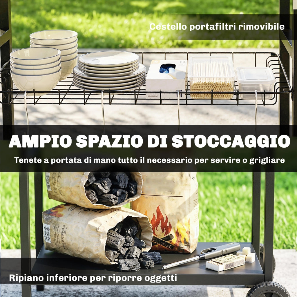 Carrello Barbecue da Esterno per Giardino, Tavolo Cucina con Piano in Acciaio Inox, 3 Ripiani, Ganci e Porta Spezie, Nero, Robusto e Pratico