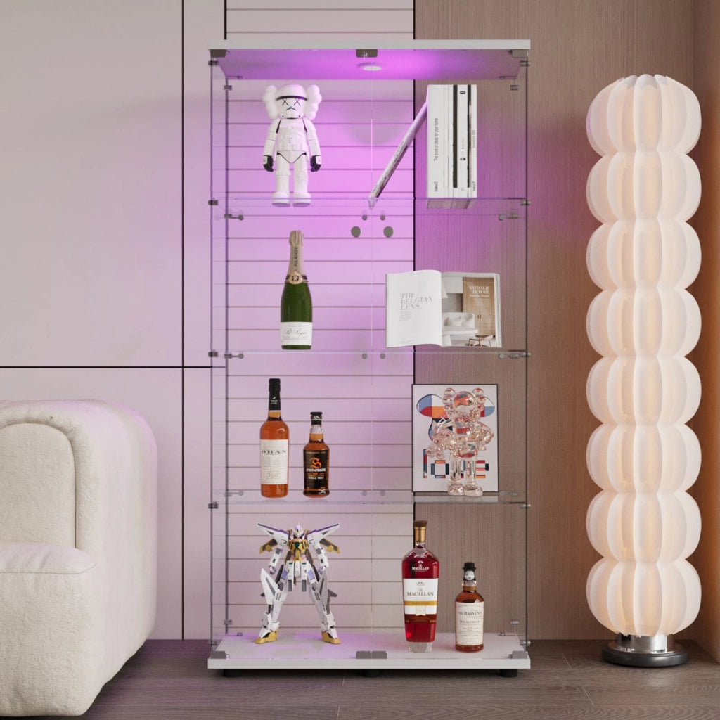 Vetrina in Vetro con LED e Serratura; Libreria a 4 Ripiani in Vetro Temperato per Soggiorno e Camera da Letto; 80;49x36;49x163;9 cm; Bianco