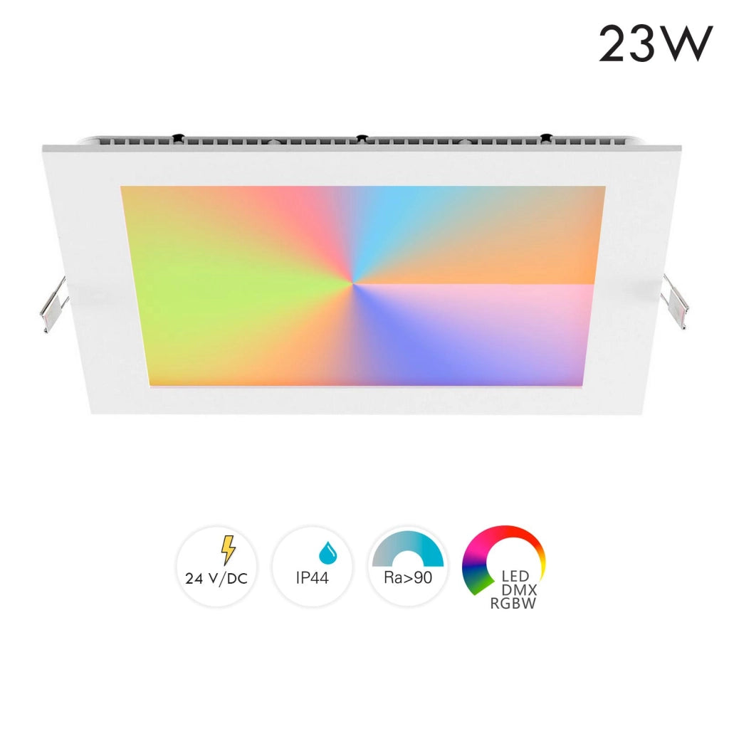 Faretto LED incasso pannello quadrato slim DMX RGB multicolore luce calda 24V impermeabile cromoterapia box doccia bagno 23W foro 155x155