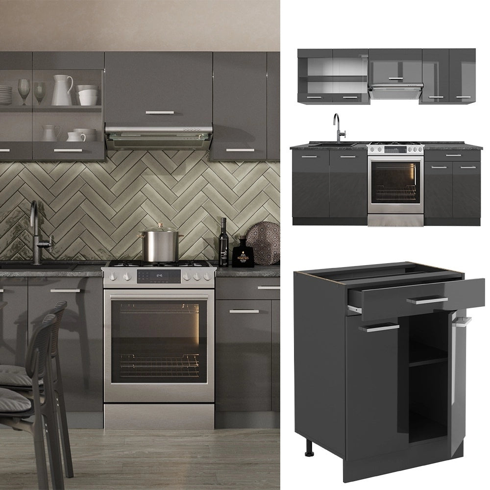 Cucina componibile R-Line Antracite lucido/Antracite 200 cm, PL Rovere Vicco