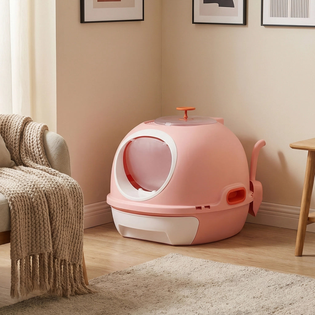 Lettiera per gatti con coperchio stile elicottero ingresso frontale uscita ribalta, Toilette per gattini cassetto portatile piccoli medi fino a 10 kg Rosa