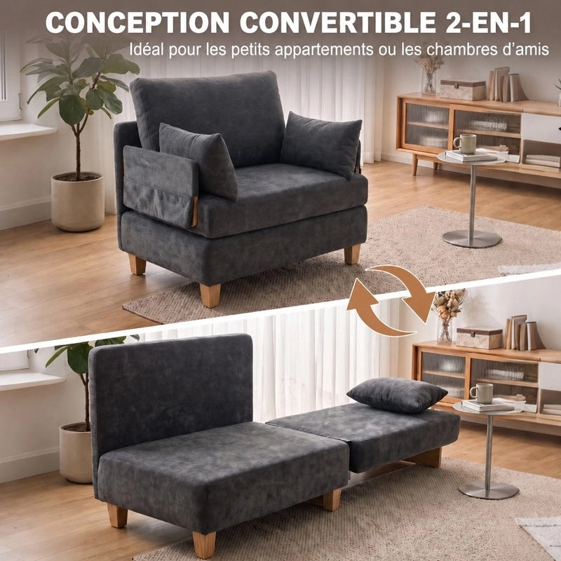 Poltrona letto 2 in 1 pieghevole con tasche laterali e due cuscini sfoderabili in poliestere grigio scuro