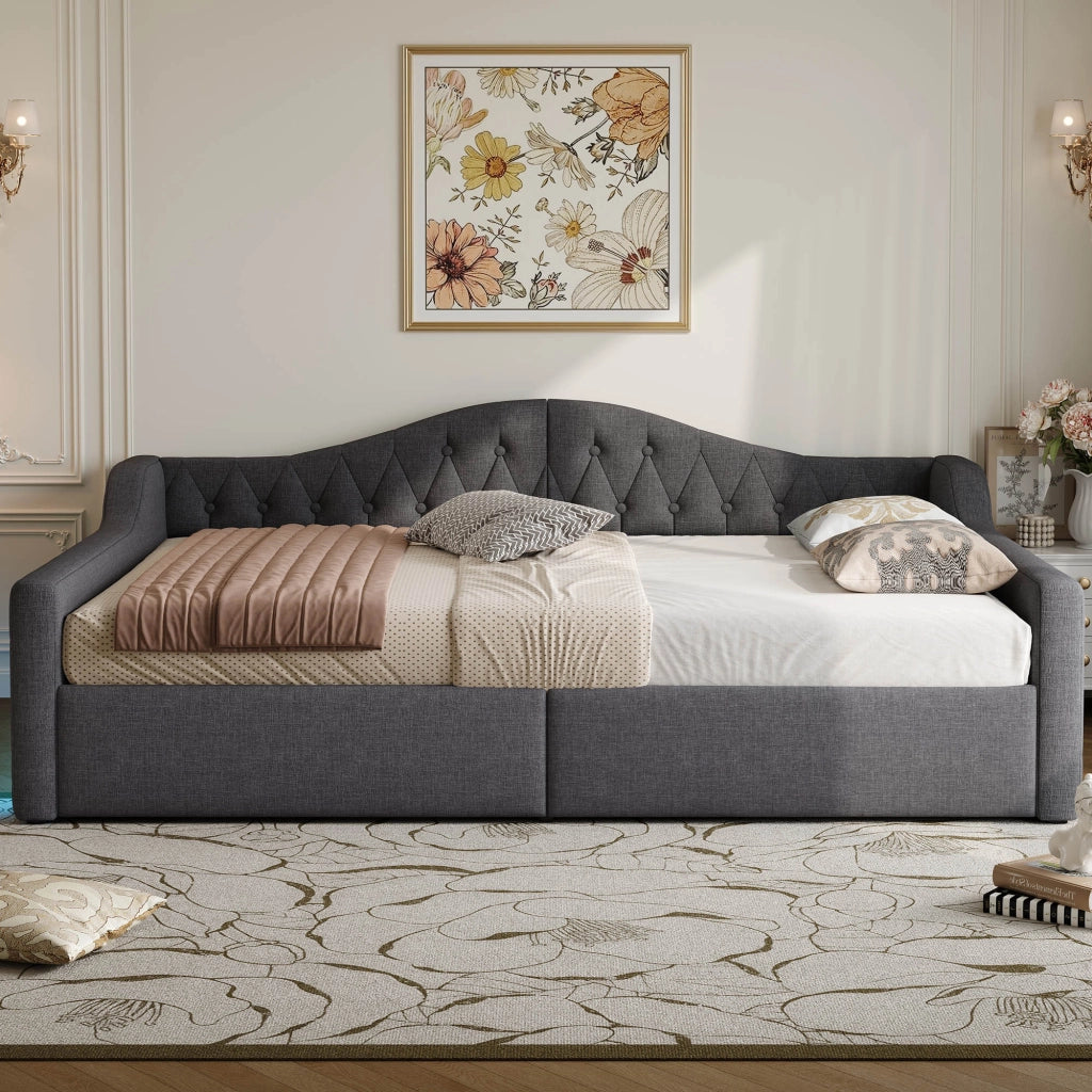 Letto imbottito una piazza e mezza 140×200 cm con contenitore e LED regolabile, senza materasso, lino, grigio