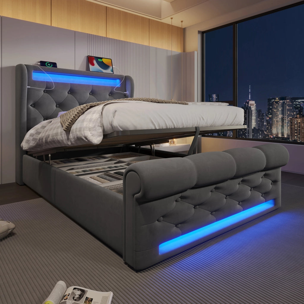 Letto singolo 90x200 cm con materasso e contenitore; grigio