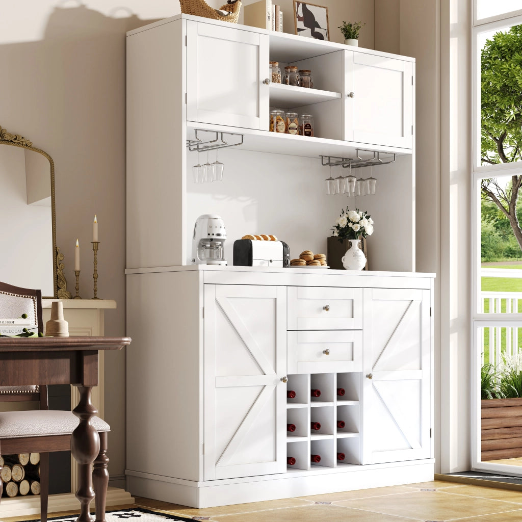 OKWISH Credenza da Cucina Alta con 4 Ante e 2 Cassetti, Ripiani Regolabili e Portabottiglie, per Cucina, MDF, Bianca