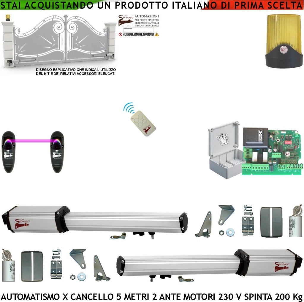 Automazione Cancello 5 Metri 2 Ante da 2,5 MT Kit Base Automatismo 2 Motori Elettromeccanici 230V Spinta 2 Q.li Sblocco Staffe Centrale Con Ricevente Un Radiocomando Faro Fotocellule Cartello Monitore