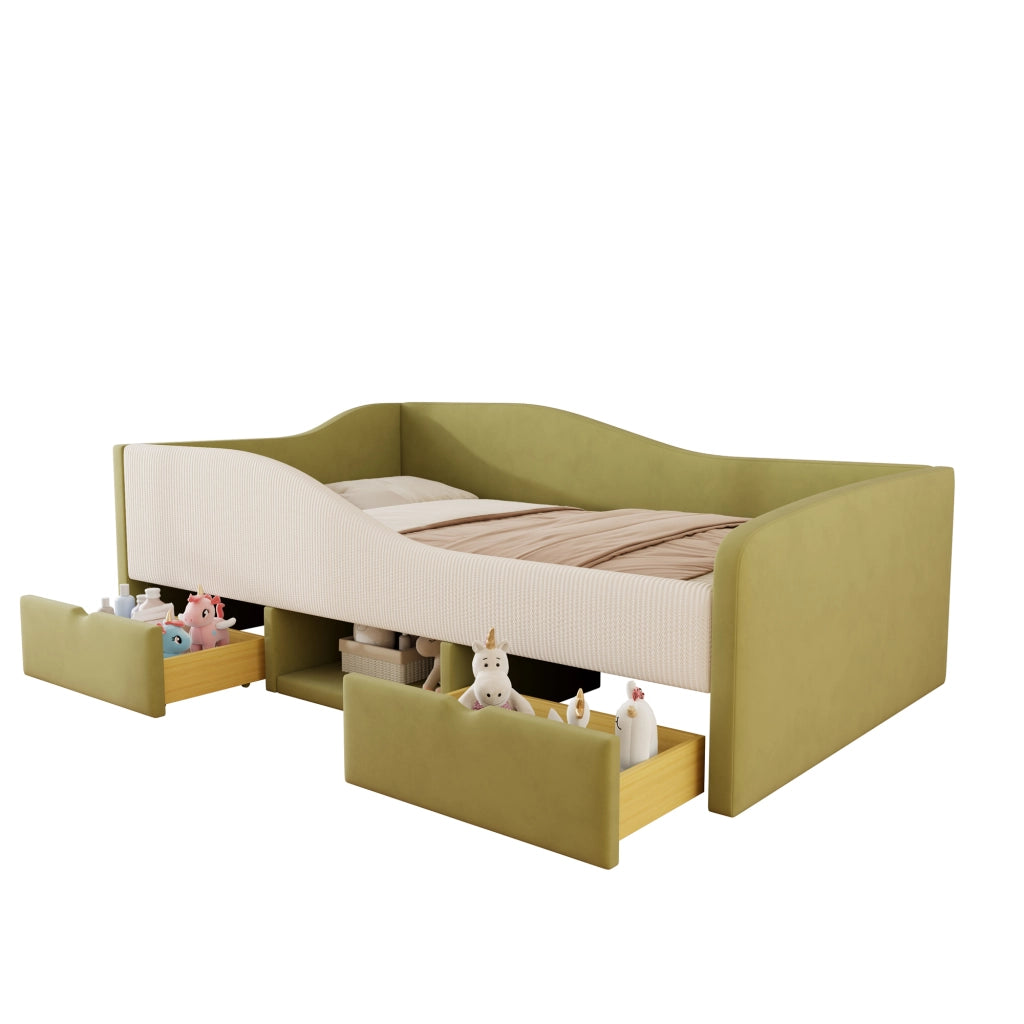 Letto per bambini 90x190 cm imbottito in velluto; verde e panna