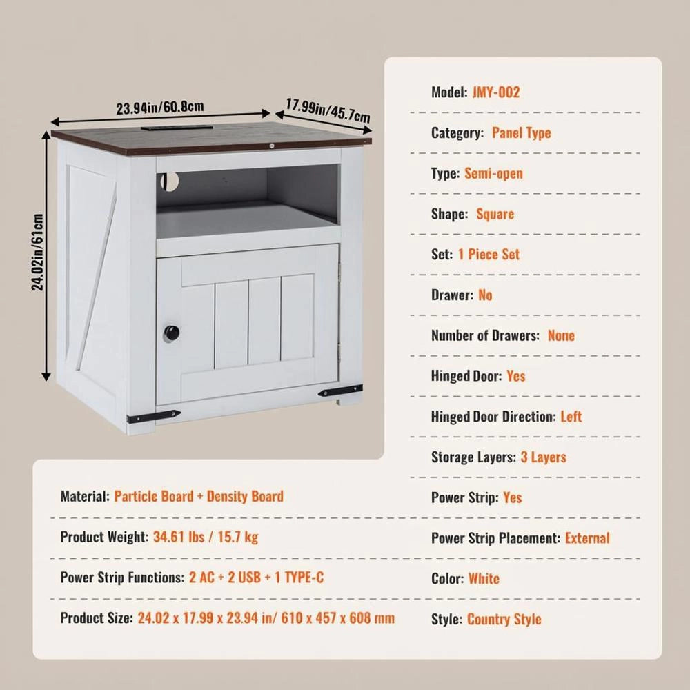 Country Style Nightstand With USB Charging Ports And Outlets, White Wood Grain 3-Tier Storage Side Table For Bedroom Living Room Study, 40x40x60 Cm