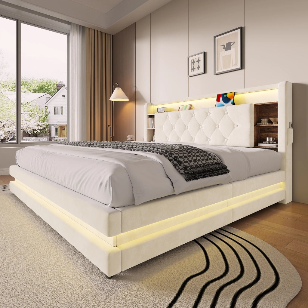 Letto contenitore imbottito 160x200 cm; sollevamento idraulico; testiera con ripiani; LED; 2 USB/Type-C; rete a doghe; velluto; beige