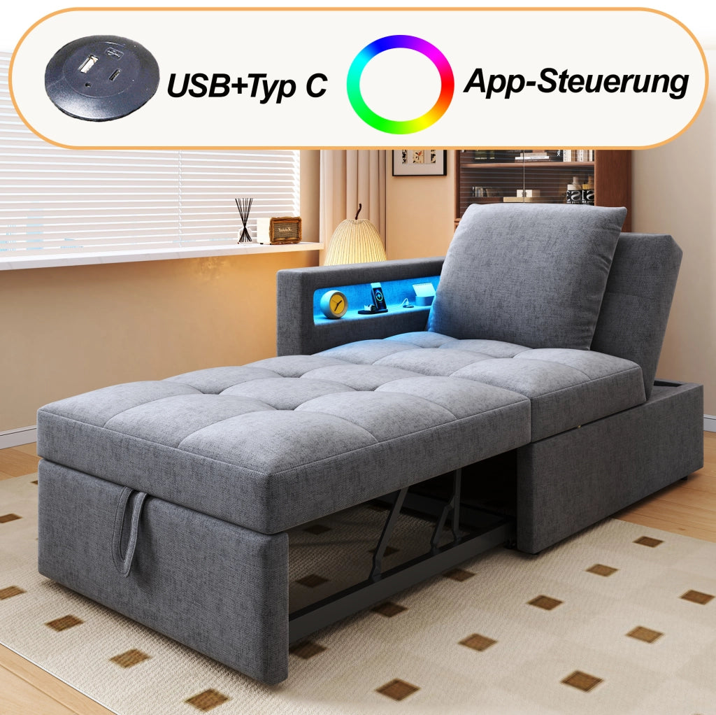 Divano letto 3 in 1 grigio chiaro con schienale regolabile, LED e ricarica