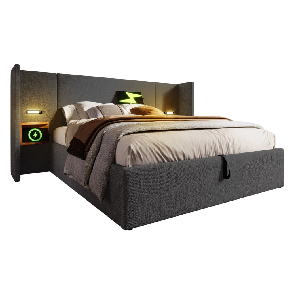 Letto matrimoniale 180x200 grigio con contenitore, luce LED, USB e Type-C
