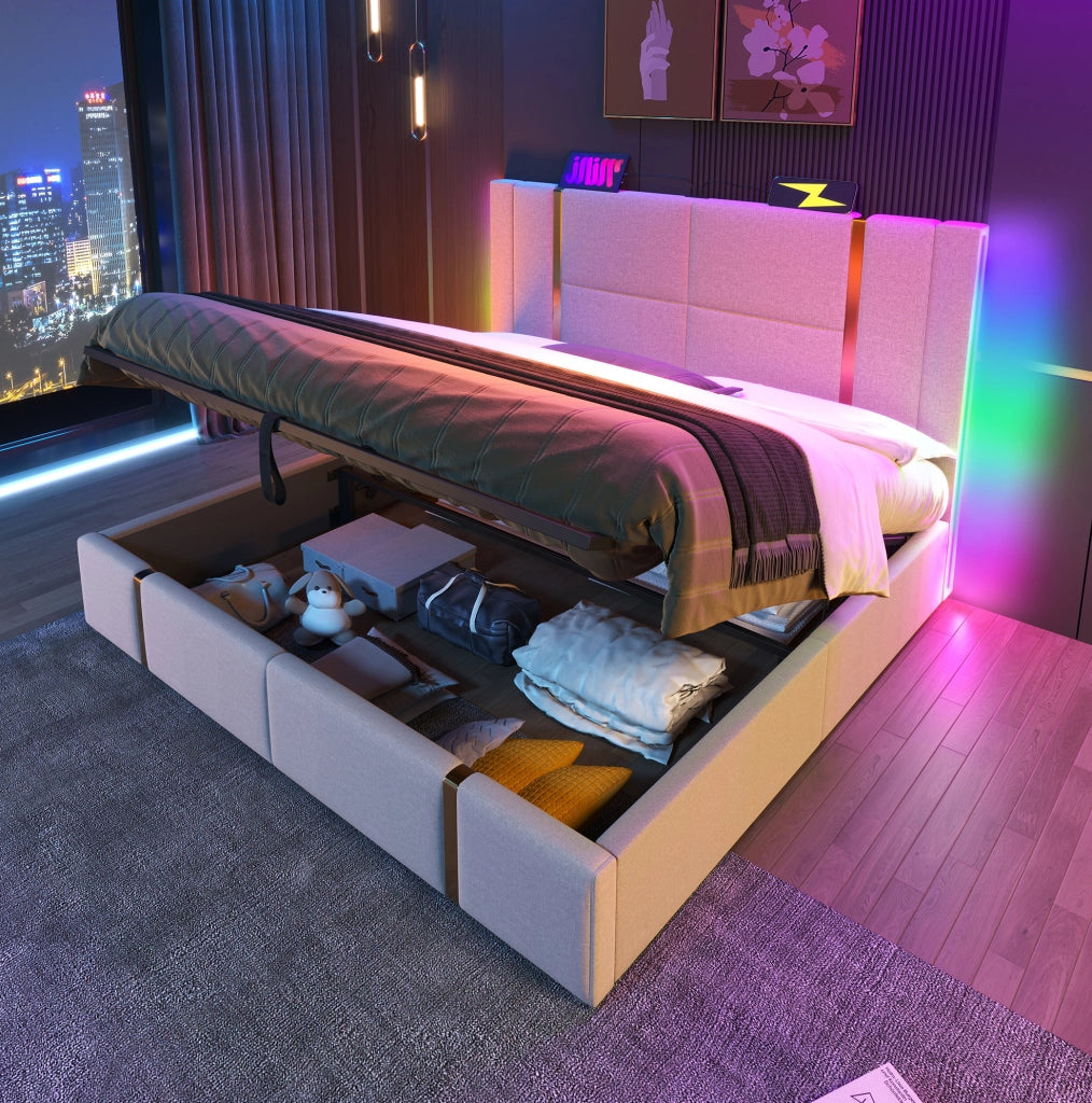 Letto imbottito matrimoniale 160x200 con LED RGB, USB e porta Type-C, contenitore sollevabile