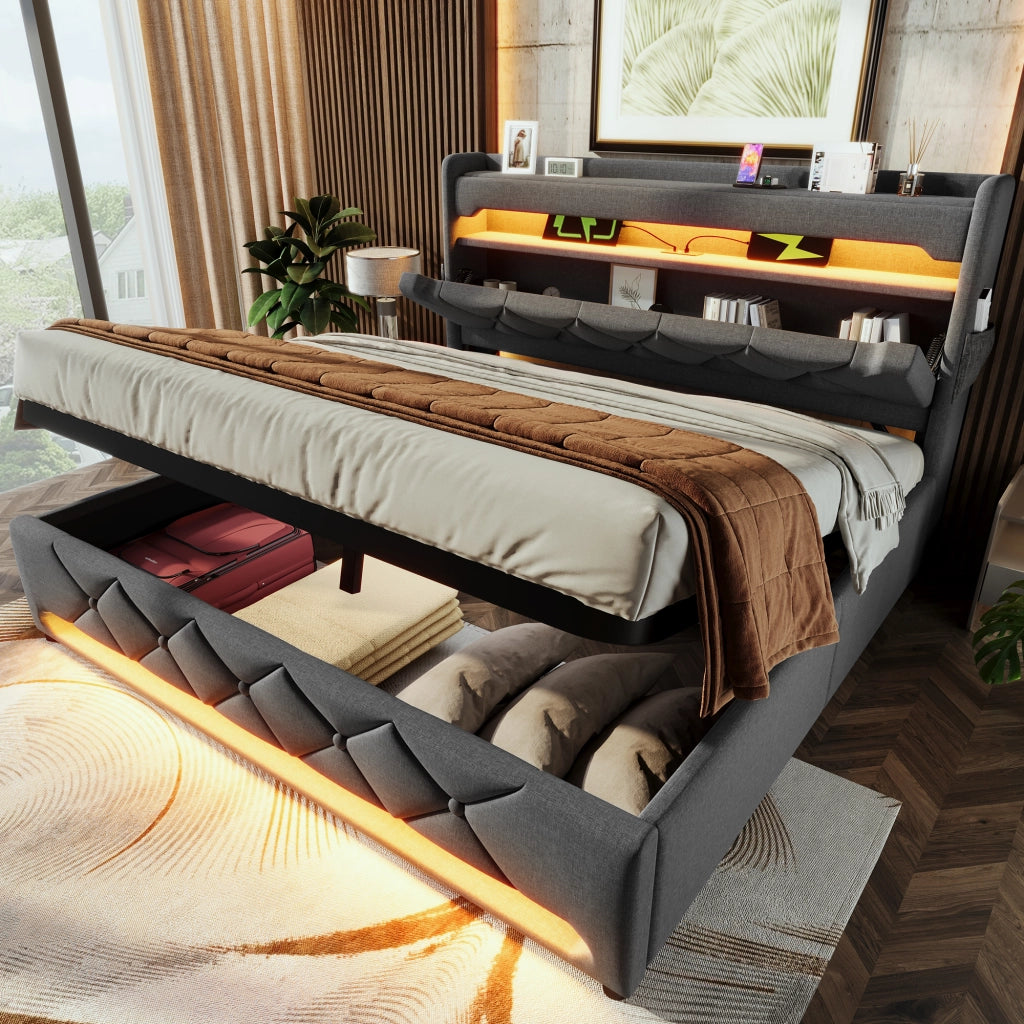 Letto matrimoniale imbottito 140x200 cm con contenitore e LED