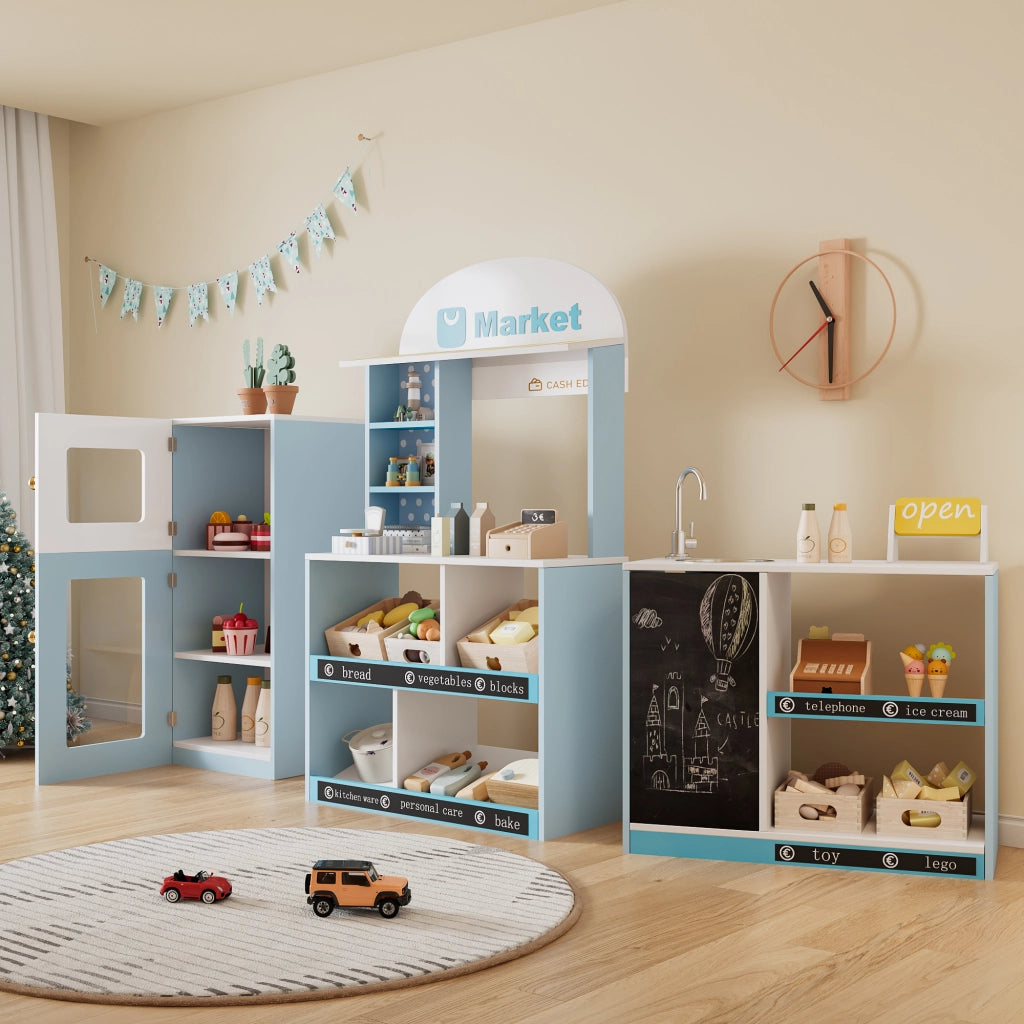 Desviae Negozio giocattolo per bambini con scaffali, frigorifero, lavagna e rubinetto blu in MDF 30 × 155 × 107,5 cm
