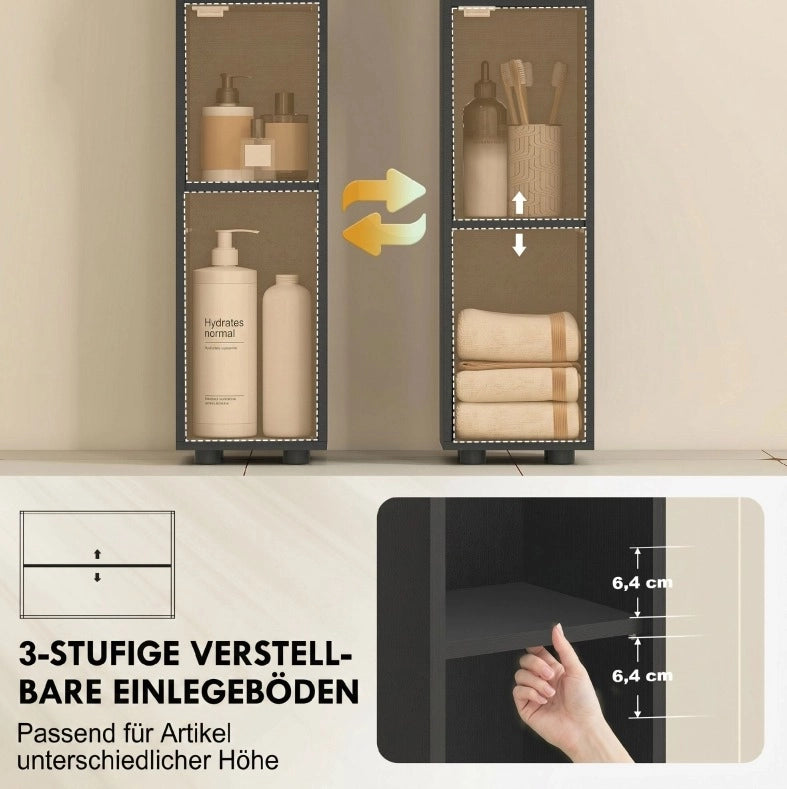 Mobile bagno nero 180 cm con ripiani aperti, 2 armadietti e cassetto