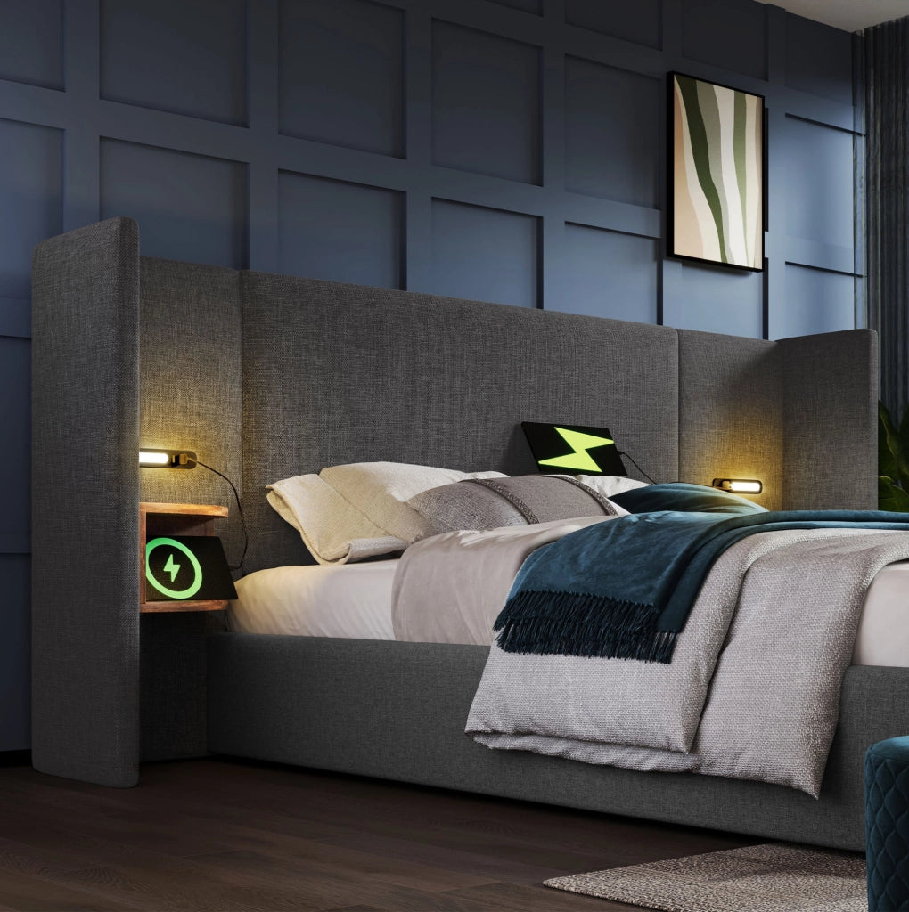 Letto matrimoniale 180x200 grigio con contenitore, luce LED, USB e Type-C