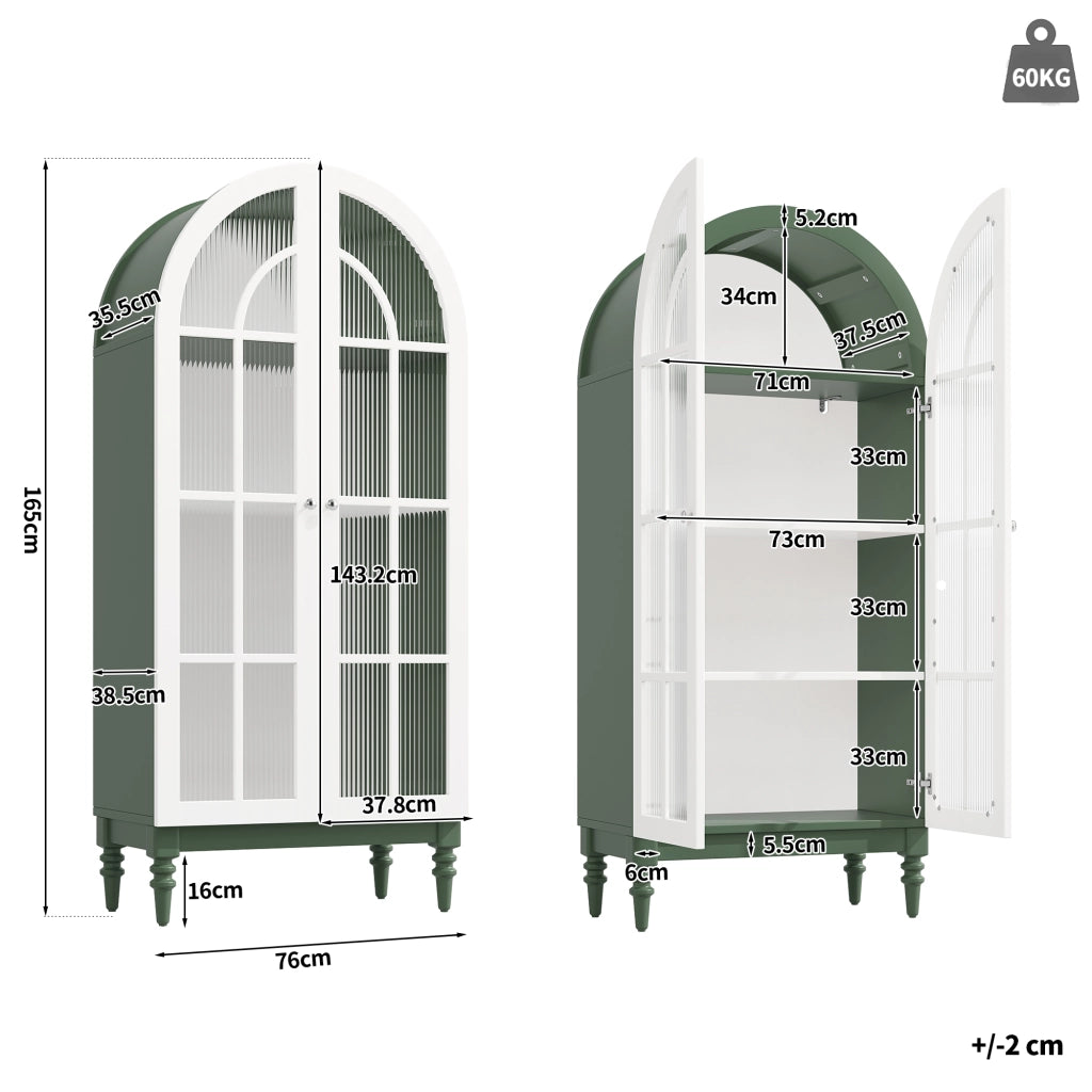 Vetrina ad arco con ante doppie in vetro rigato tre ripiani MDF verde scuro e bianco portata 60 kg 76 × 38.5 × 165 cm