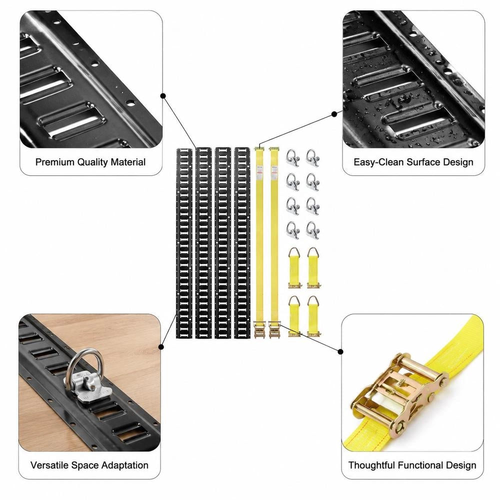 E-Track Lashing Rail Set, 18-piece, 1524 Mm E-Tracks Set, Including 4 Steel Rails, 8 O-ring Anchors, 4 Lashing Straps With D-rings, And 2 Ratchet Straps, Securing Accessories For Cargo Motorcycles, 907 Kg