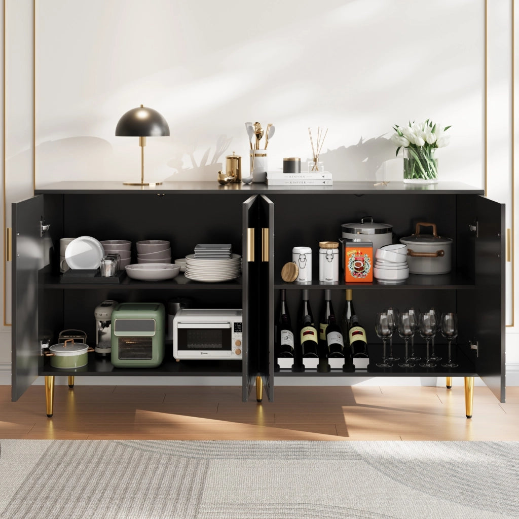 Credenza moderna 152x40x75 cm in MDF nero con frontali ondulati e maniglie dorate