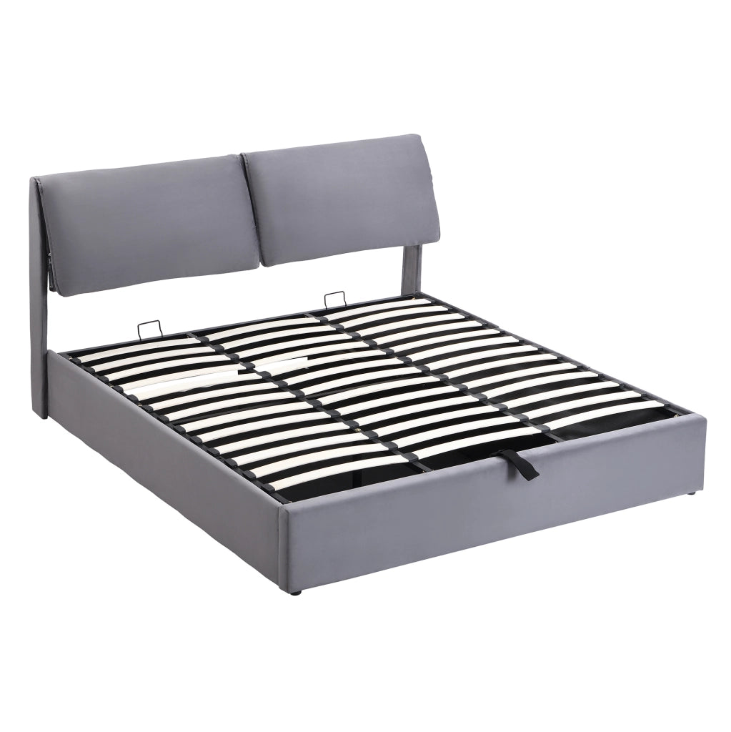 Letto imbottito grigio 160 x 200 cm con contenitore, 3 cassetti e testiera regolabile