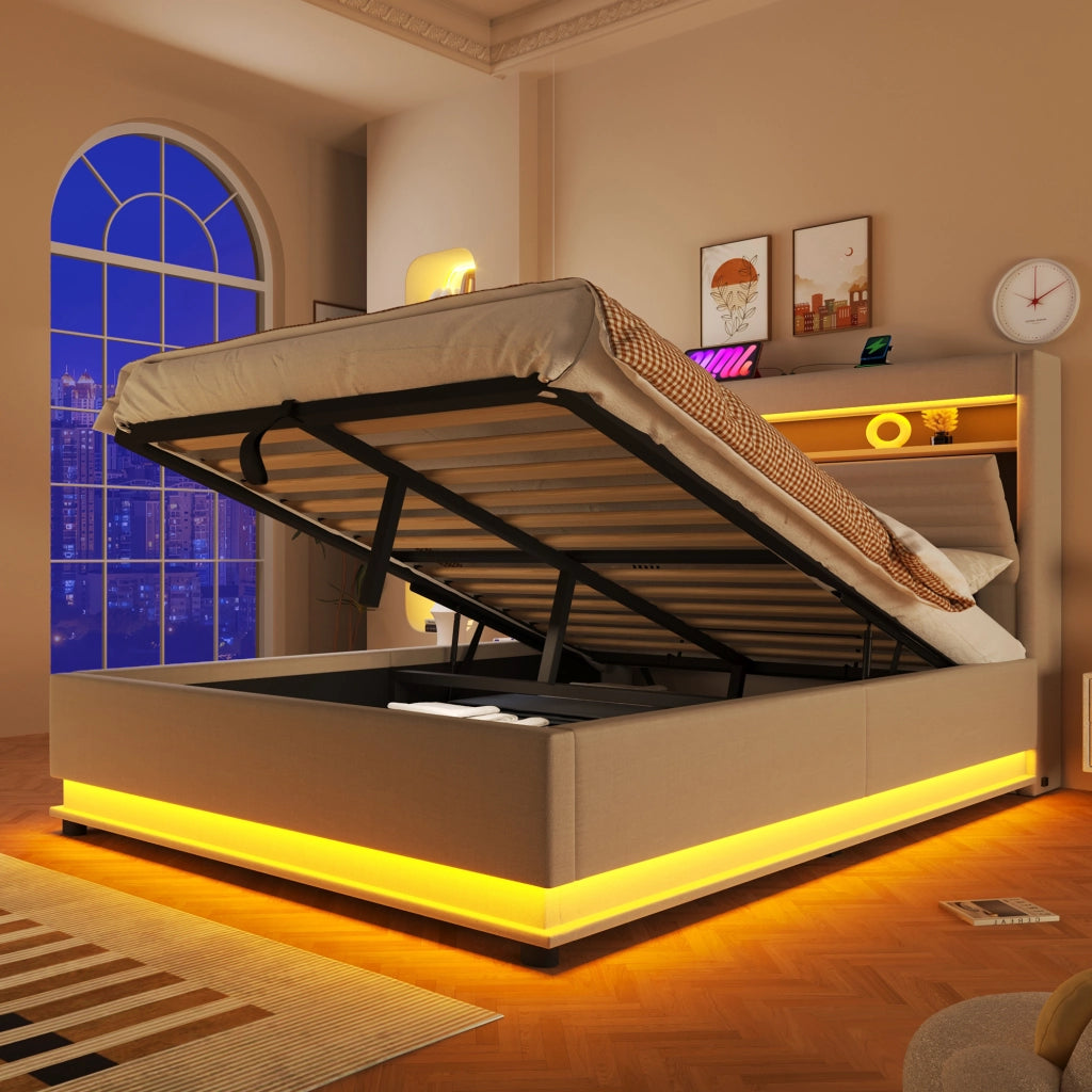 Letto contenitore 140 × 200 cm con LED USB e USB Type-C testiera imbottita in lino beige