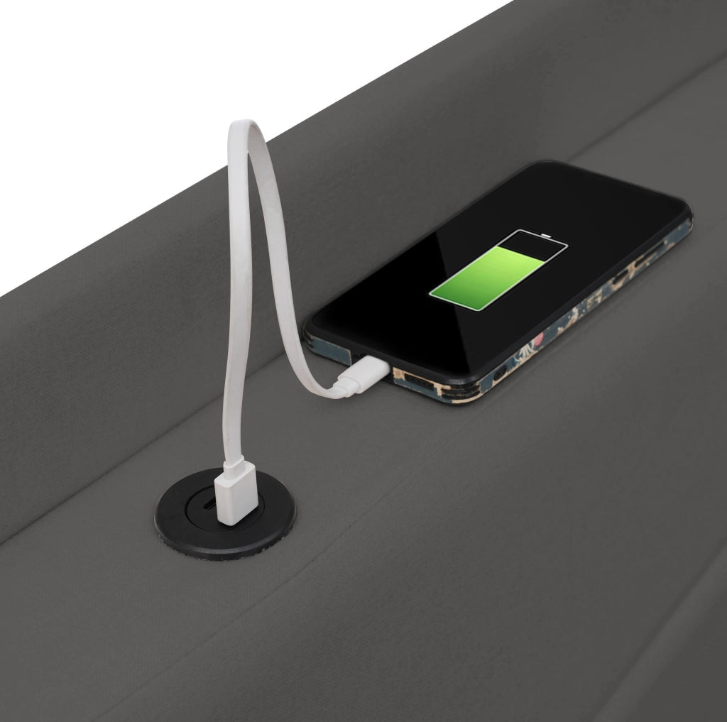 Letto singolo imbottito con contenitore 90x200 cm, USB e Type-C, grigio