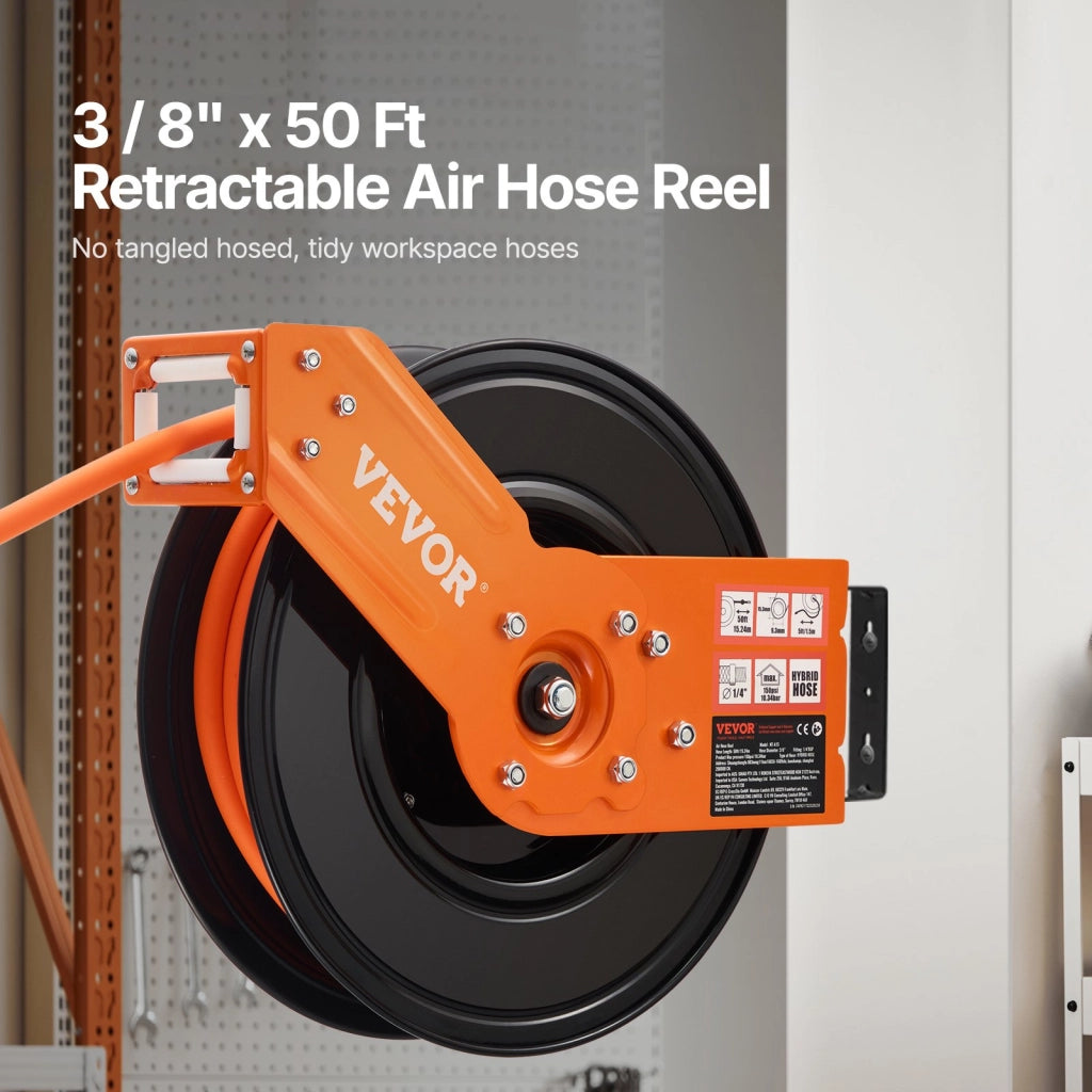 Avvolgitubo Aria Compressa Retrattile 15,24 m 300 PSI NT-A15 Bobina in Acciaio con Staffa Girevole 180° per Officina e Garage