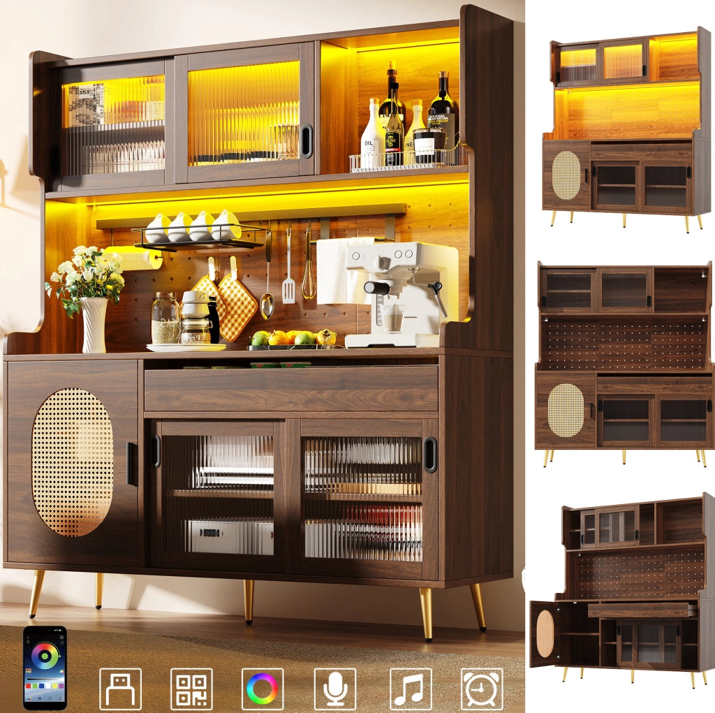 Credenza alta 145x39x171 cm in MDF marrone, 5 ante e LED per cucina