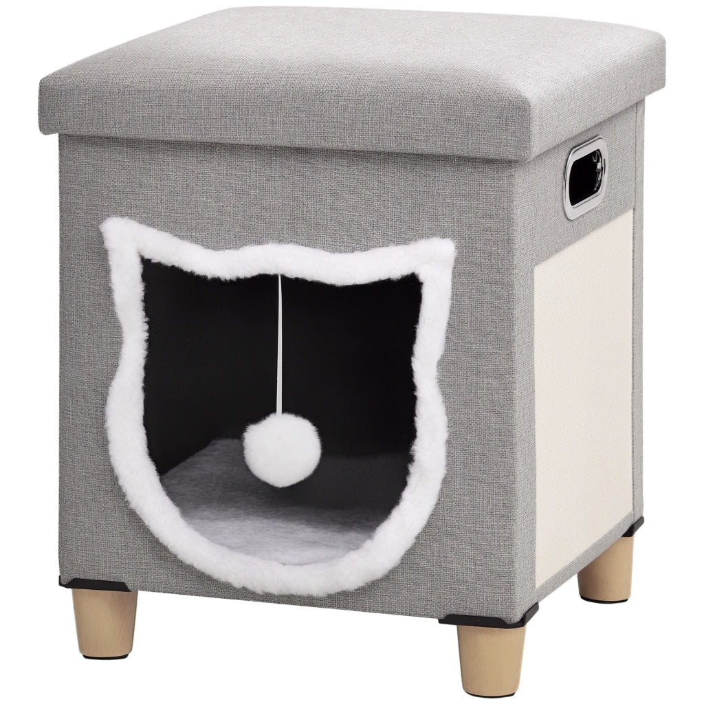 Niche chat interieur maison chat interieur 2 en 1 pied en bois coussin amovible lavable balle, 35,5x35,5x42,5cm, gris