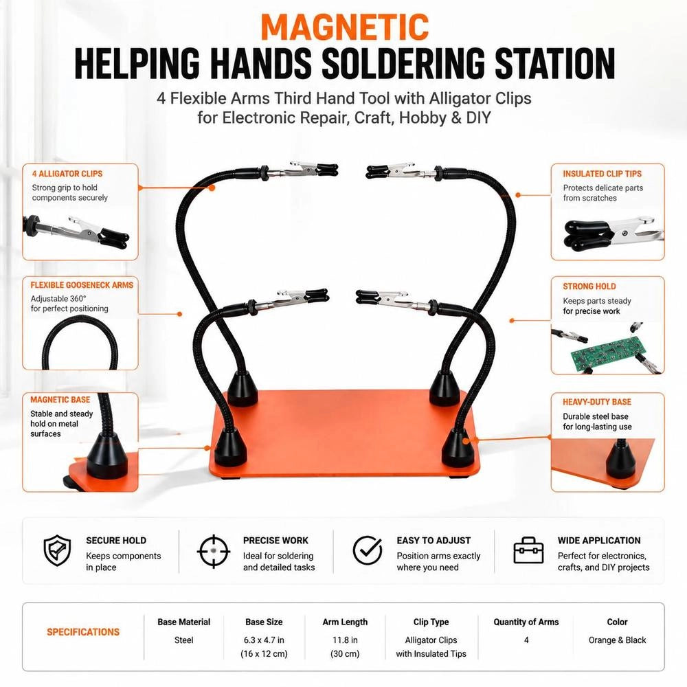 Soldering Aid Third Hand 201x140x3 Mm, Magnetic Soldering Station, 4 Flexible Arms, With Alligator Clips And Non-slip Steel Base, For Electronic Repairs, Crafting, Hobbies, DIY