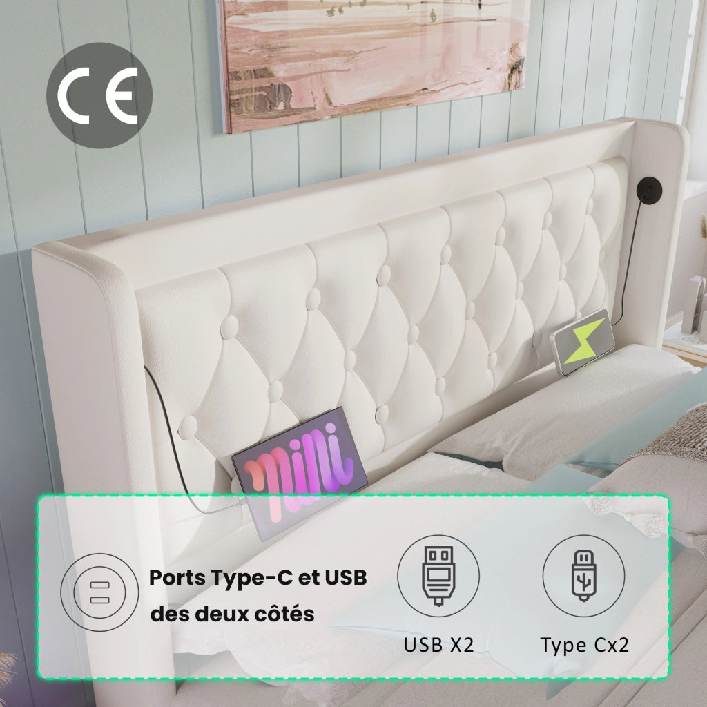 Letto Contenitore 140x200 cm; Matrimoniale - USB; Type-C; LED 3 lati - PU Bianco