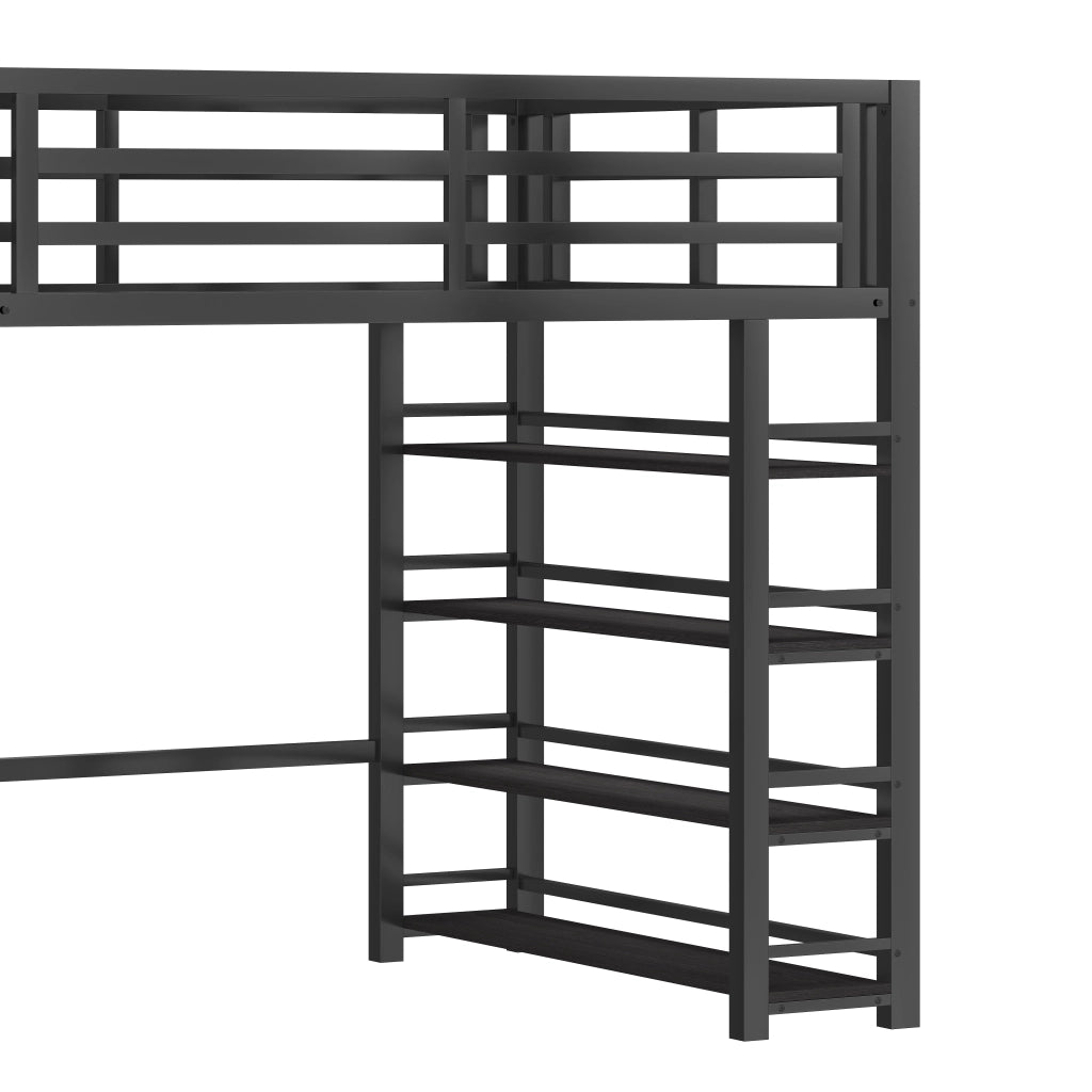 Letto a soppalco 140 × 200 cm con libreria e armadio; scala contenitore e LED in metallo e MDF nero