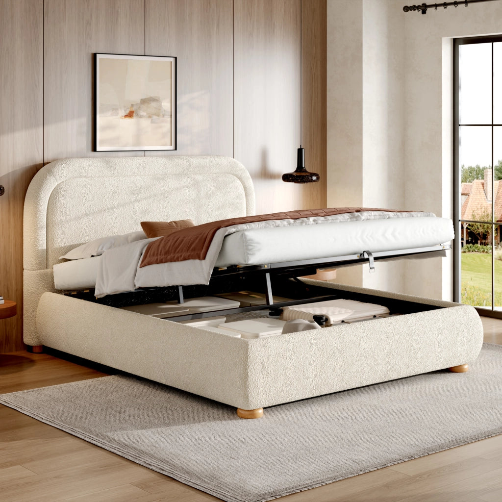 Letto con contenitore idraulico in bouclé beige
