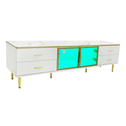 Mobile TV con 4 Cassetti; 2 Ante in Vetro Temperato e LED; per Soggiorno; in Truciolare; 170 × 37 × 47.5 cm; Bianco