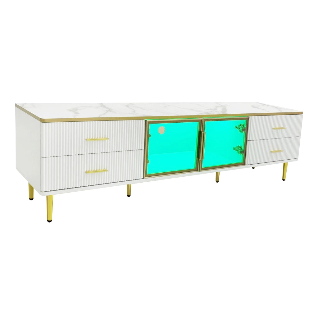 Mobile TV con 4 Cassetti; 2 Ante in Vetro Temperato e LED; per Soggiorno; in Truciolare; 170 × 37 × 47.5 cm; Bianco